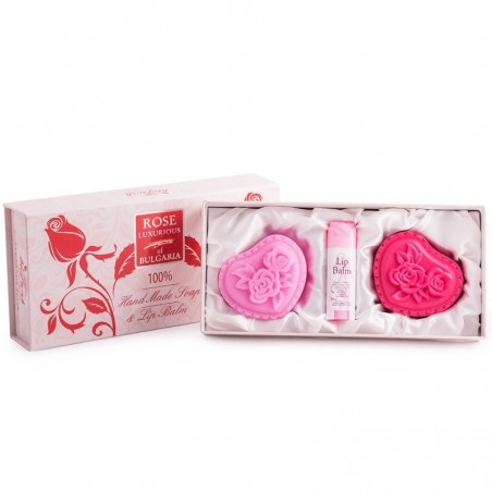 Rose Luxurious of Bulgaria - Gift Set with two Heart shaped handmade Soaps, Lip  Balm